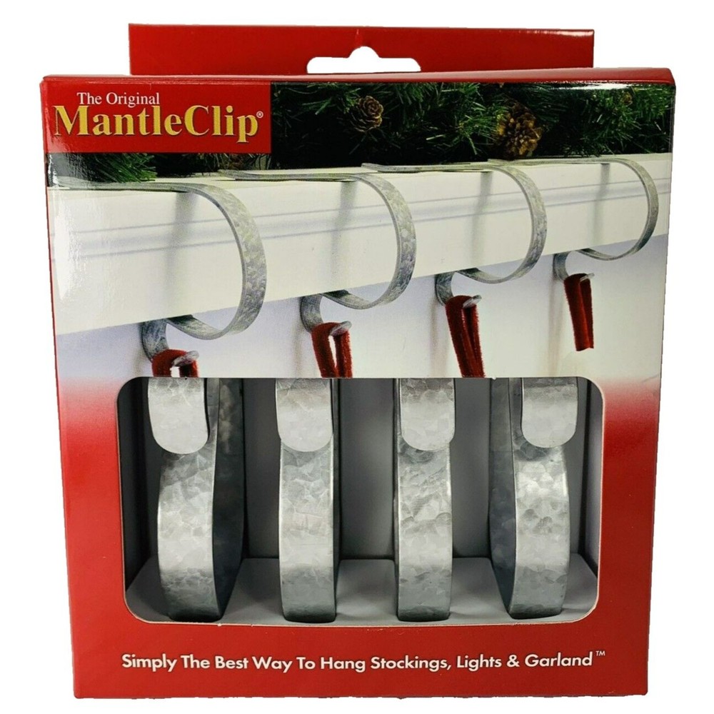 Original MANTLE CLIP Stocking Holder Galvanized Silver Farmhouse Rustic Set of 4